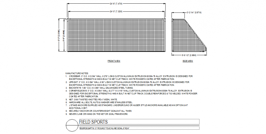 Net design view with front and side view for sports field design dwg file