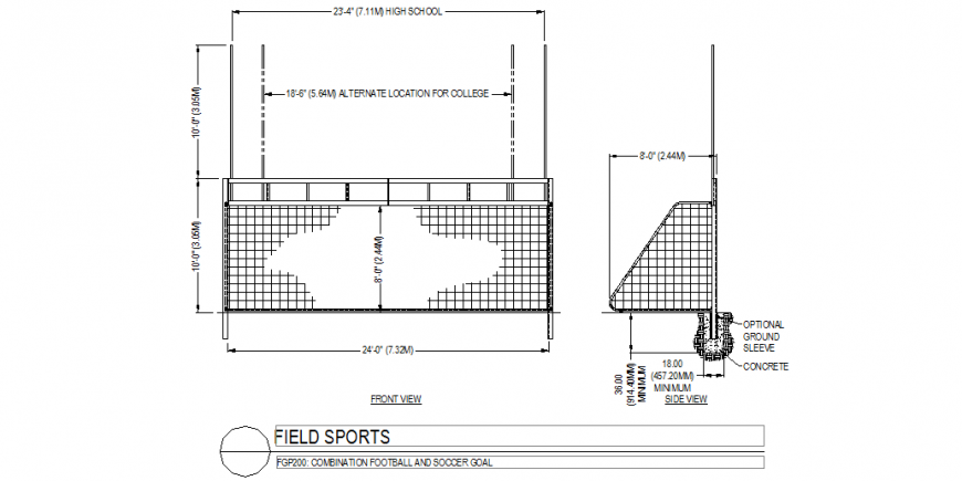 Net front and side view of sports area for college with sports area view a dwg file