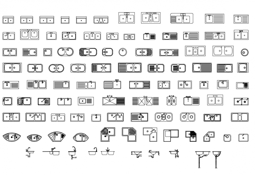 Net kitchen multiple steel sinks cad blocks details dwg file