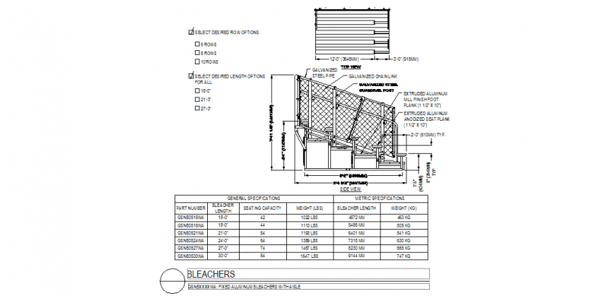 Net view for bleaches with standard sports area detail dwg file