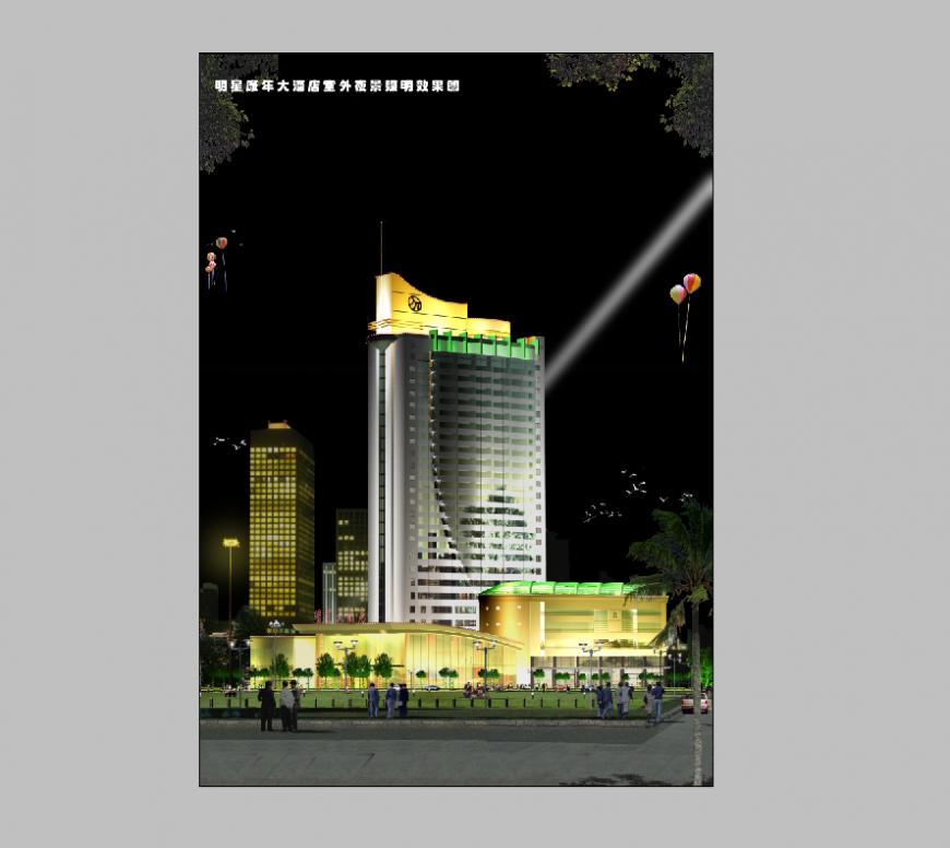 Night scenario commercial building 3d model detail elevation layout PSD file