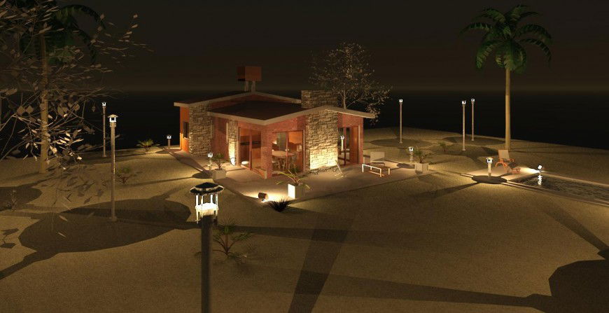 Night view of beautiful beach house 3d model cad drawing details jpg file