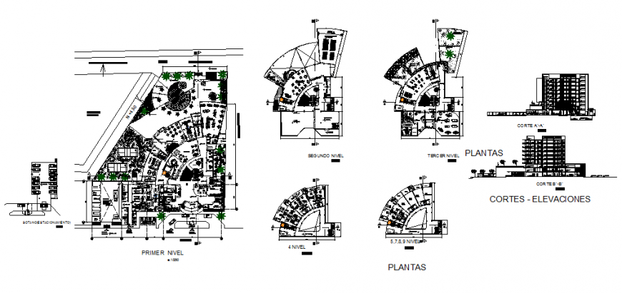 Nine flooring five star hotel sections and all floor plan layout details dwg file