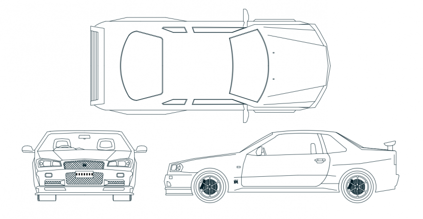 Nissan car front, top and side view elevation block detail dwg file
