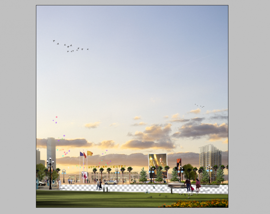 Noon scenario of park elevation detail 3d model PSD file