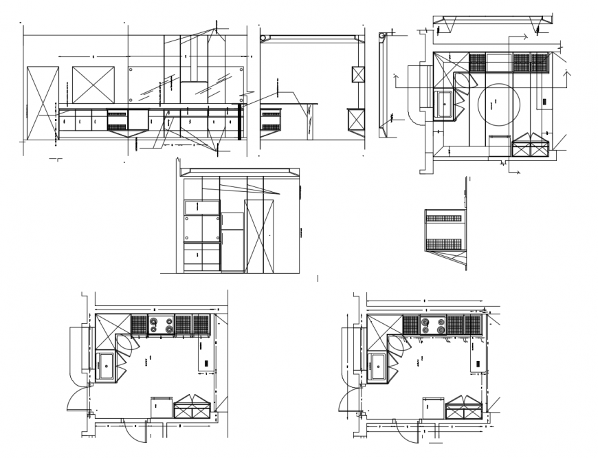 Normal house kitchen all sided section and plan with furniture cad drawing details dwg file