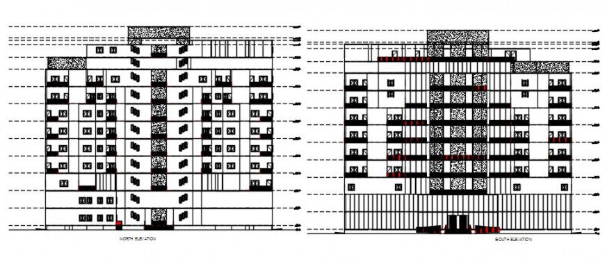 North and south elevation drawing details of multi-story apartment building dwg file