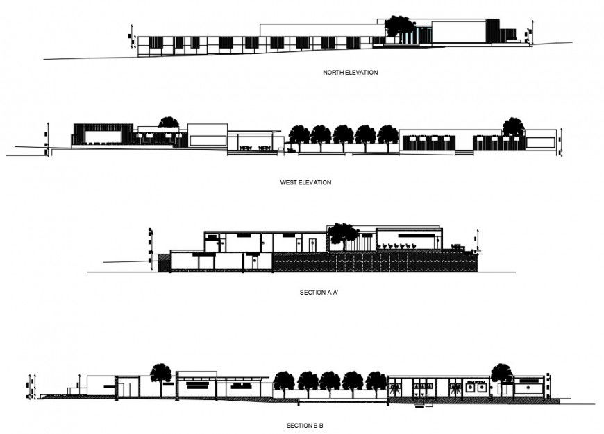 North and west elevation and section drawing details of club house dwg file