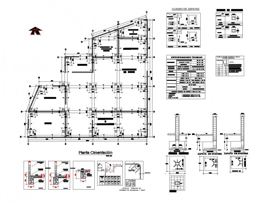 North direction foundation plan and section dwg file