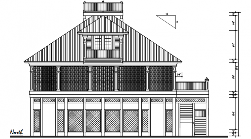 North elevation drawing details of simple cottage house dwg file
