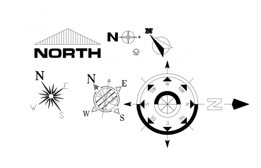 North side and all sided direction blocks cad drawing details dwg file