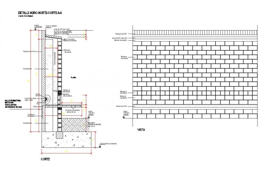 North wall elevation and section detail dwg file