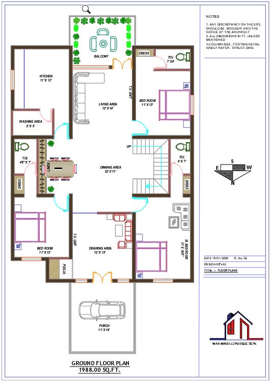 North-Facing 3 BHK House Plan DWG File with Detailed AutoCAD Layout