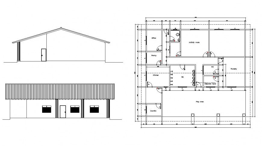 Nursery school design plan and elevation 2d view CAD structure layout file in dwg format