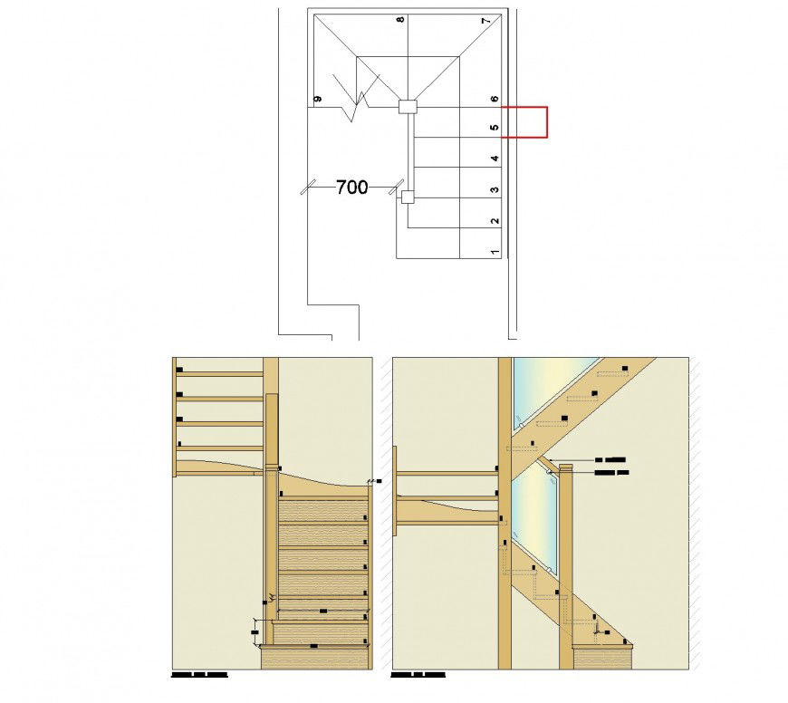 Oak staircase design plan autocad file
