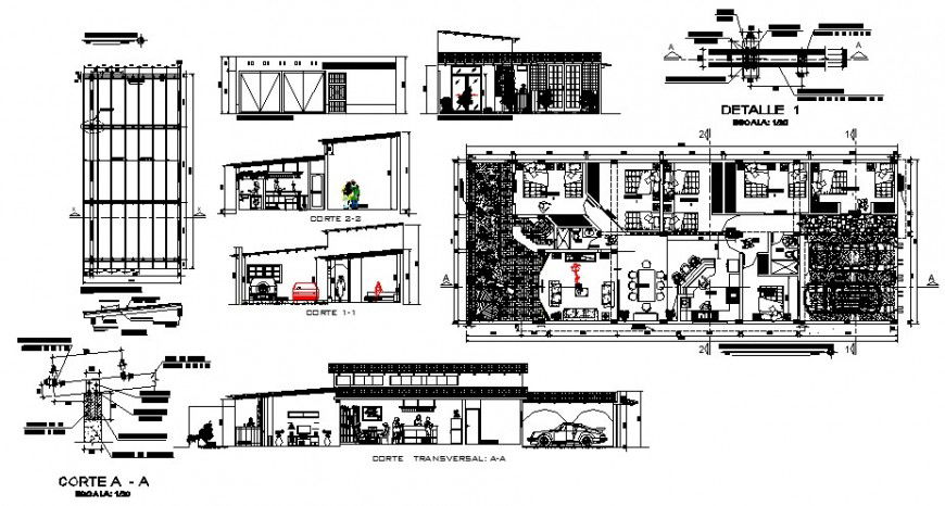 Office building all sided section, floor plan and auto-cad details dwg file