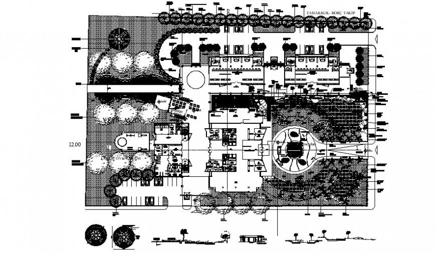 Office building distribution layout and landscaping details dwg file