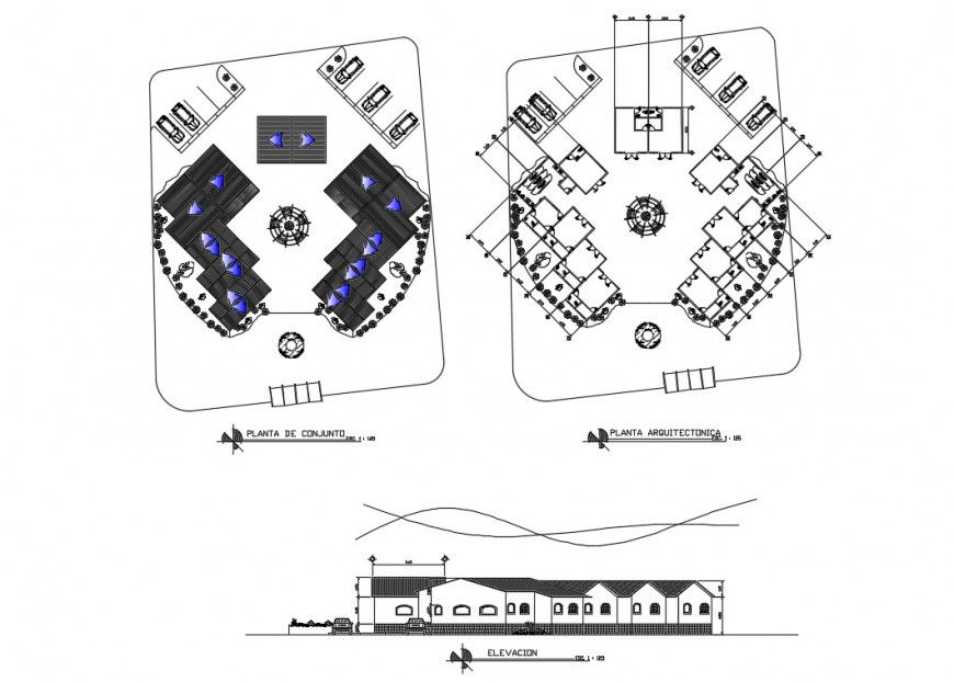 Office building elevation, cover plan and distribution plan details dwg file