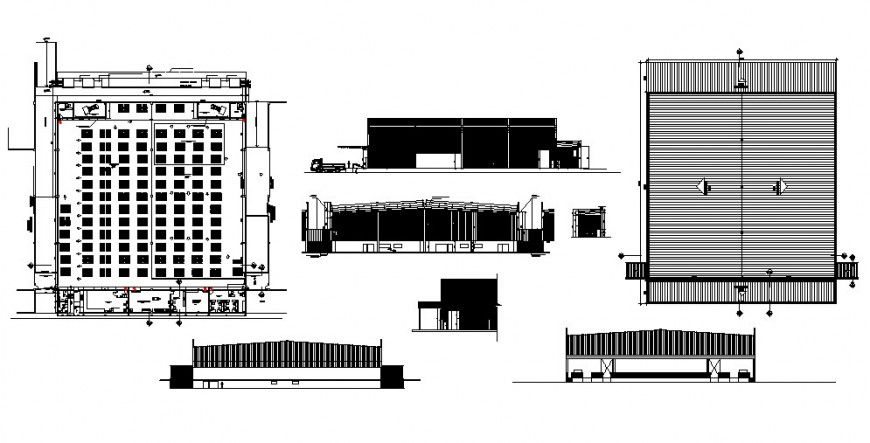 Office building elevation, section, cover plan and auto-cad details dwg file