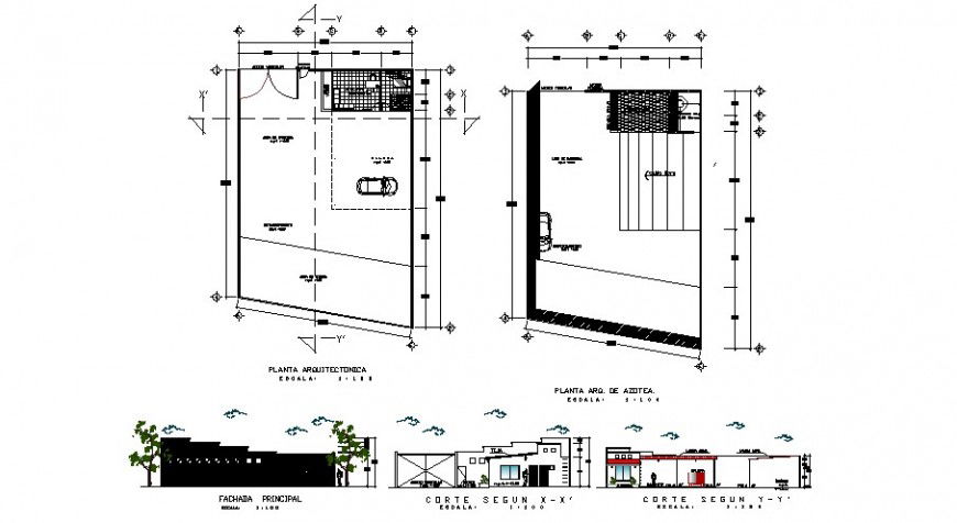 Office building elevation, section, floor plan and structure details dwg file