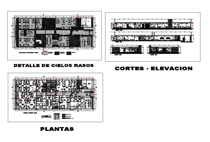 Office building elevation, section, plan and ceiling structure cad drawing dwg file