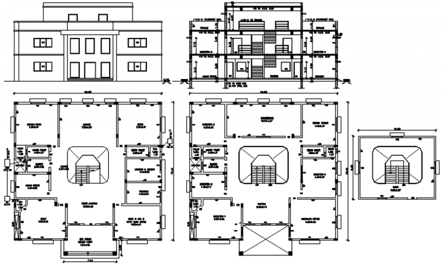 Office building elevation, section and floor plan structure drawing details dwg file