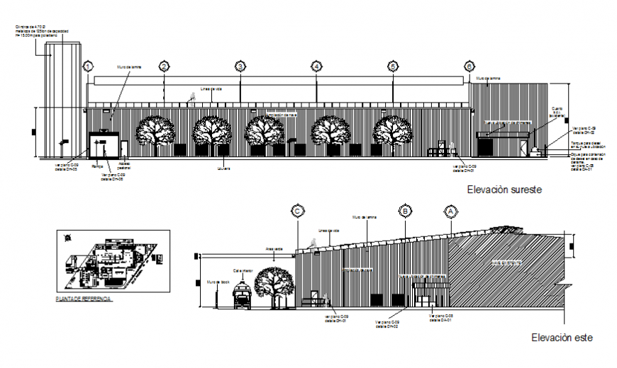 Office building facade and cut elevation with reference plan cad drawing details dwg file