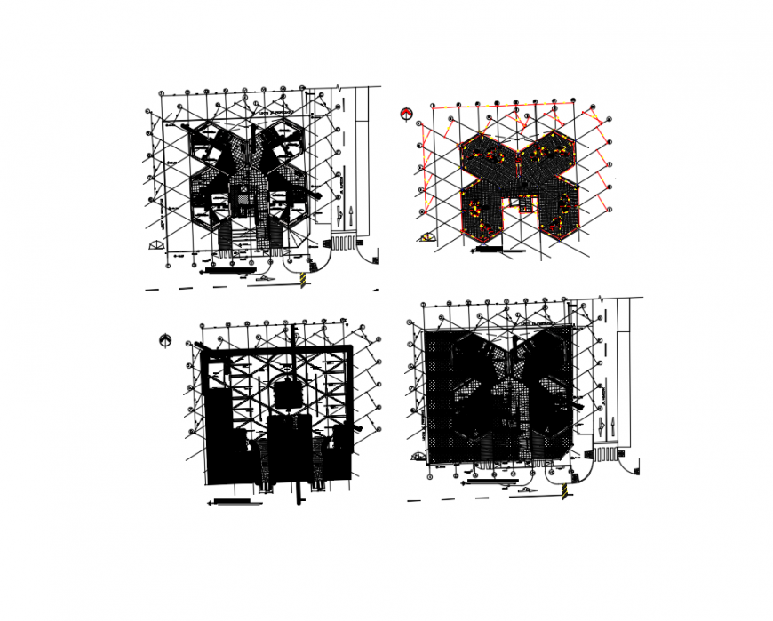 Office building foundation plan, first floor plan, semi ground plan with constructive details dwg file