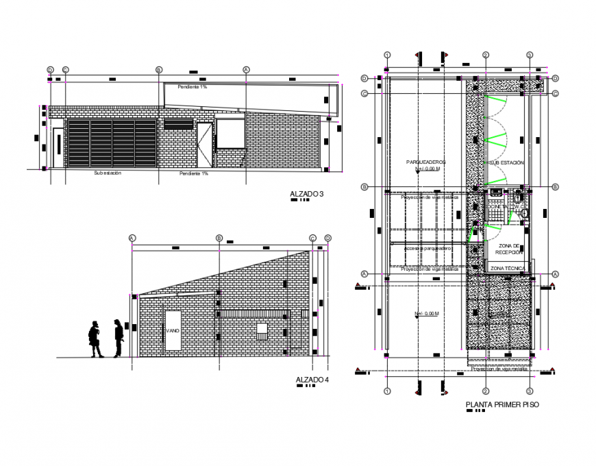 Office building front and back section details with first floor plan dwg file