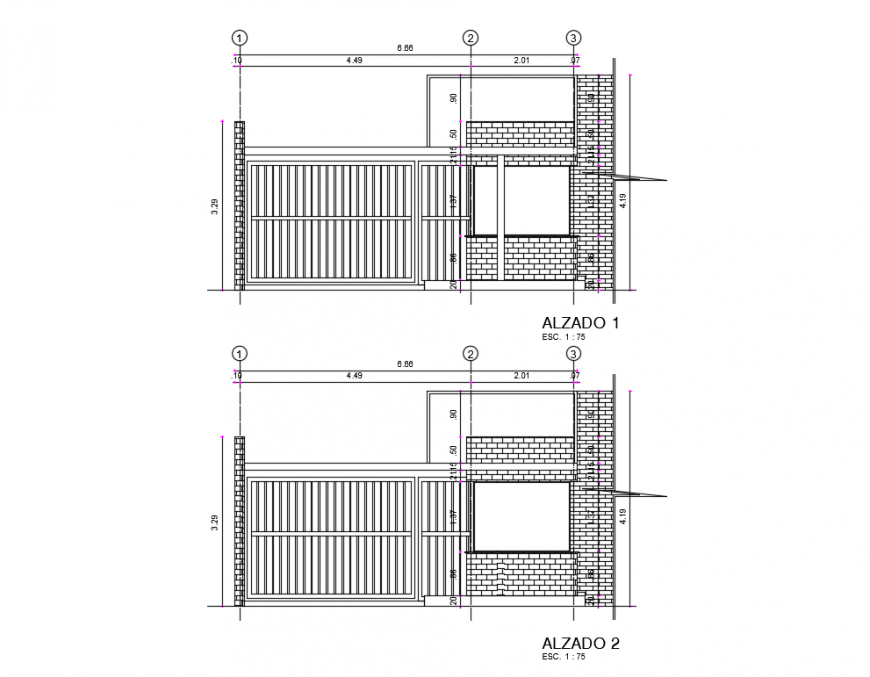 Office building front and back sectional details dwg file
