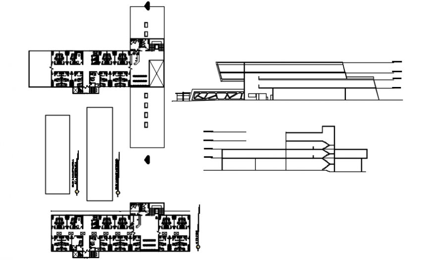 Office building main and back elevation and floor plan drawing details dwg file