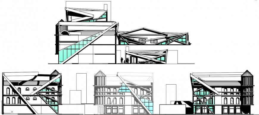 Office building multi-level all sided elevation cad drawing details dwg file