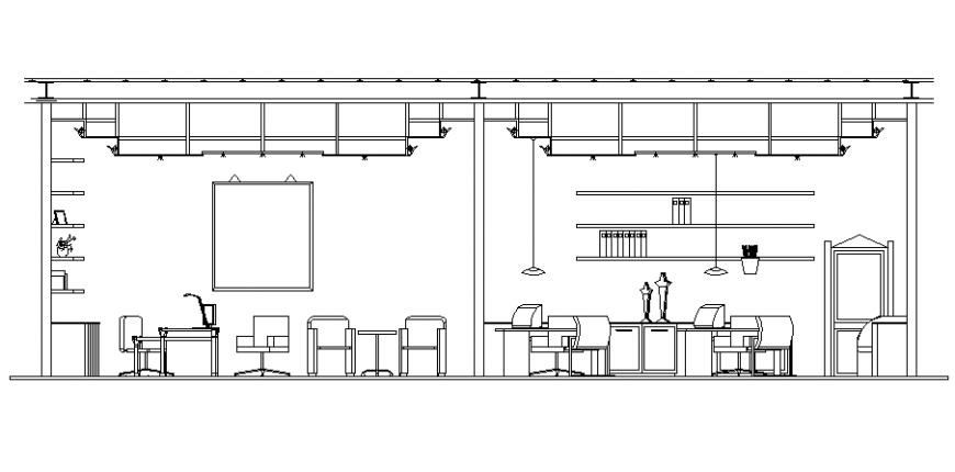 Office building section, interior and furniture layout details dwg file