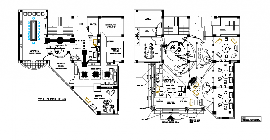 Office building top floor plan and interior layout plan details dwg file