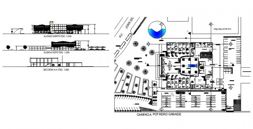Office building working plan, elevation and section layout autocad file