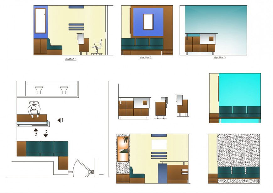 Office cabin elevation, section, plan, furniture and interior drawing details dwg file