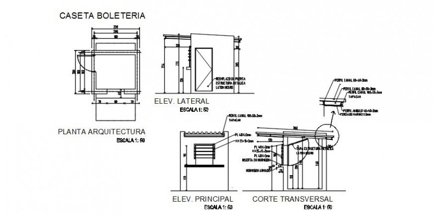Office cabin elevation, section, plan and structure details dwg file
