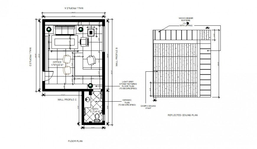 Office cabin layout plan with furniture and ceiling plan details dwg file