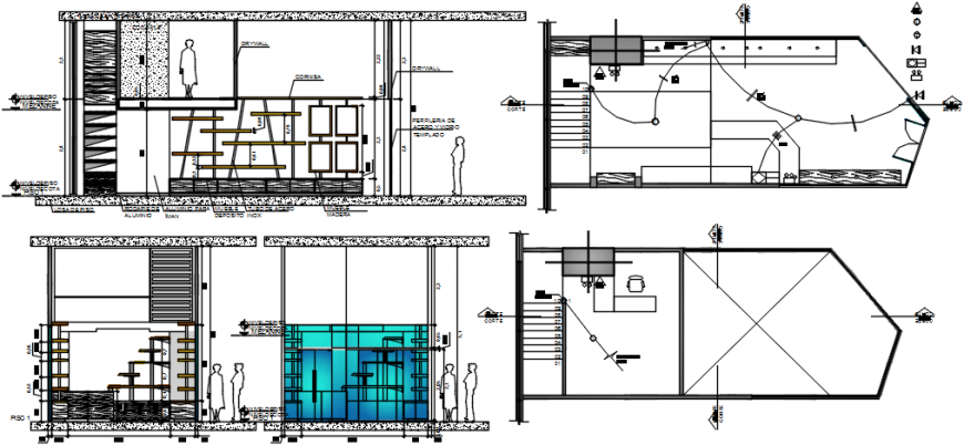 Office cabin sections and plan with structure drawing details dwg file