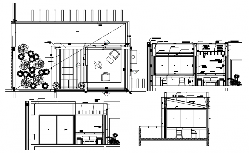 Office cabin with reception area section and plan drawing details dwg file