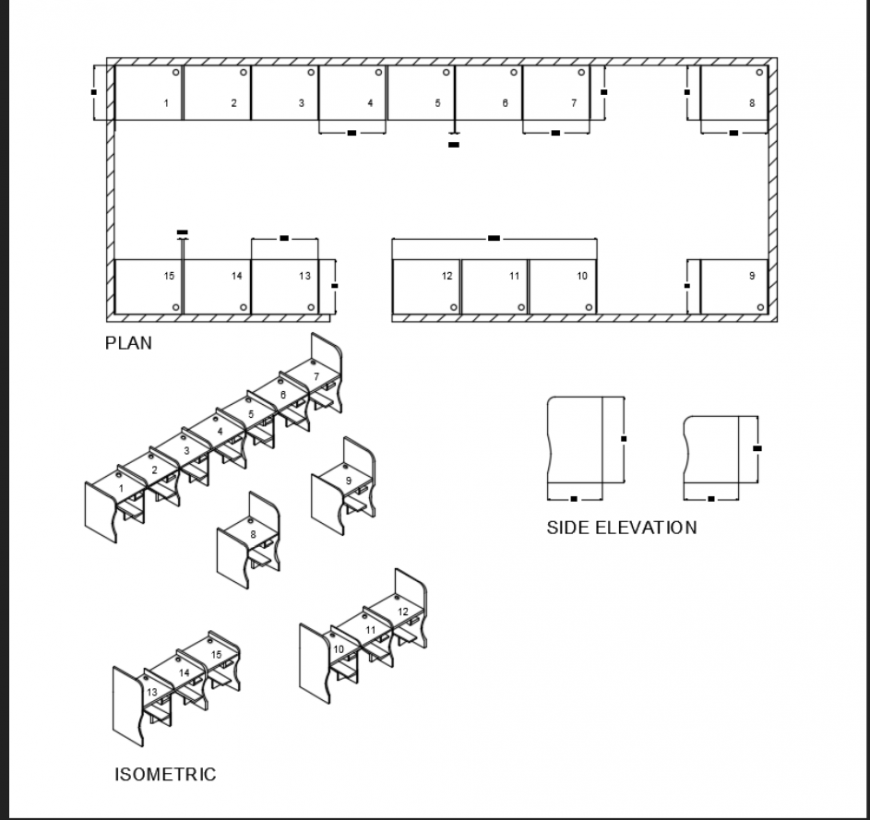 Office desk side elevation, plan and isometric view details dwg file