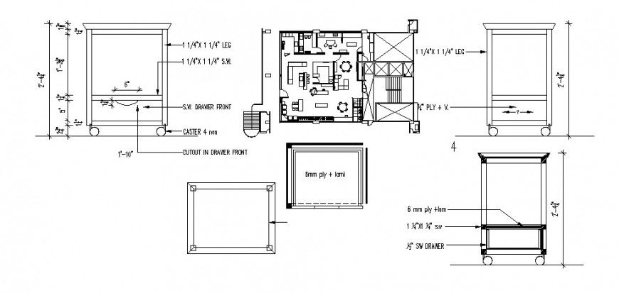 Office floor plan and trolley elevation, section and plan cad drawing details dwg file