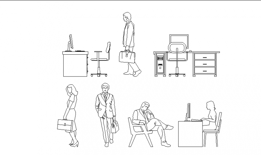 Office furniture and people blocks cad drawing details dwg file
