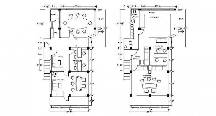Office ground and first floor plan details with furniture layout dwg file