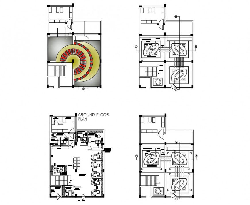 Office ground floor plan, cover plan and ceiling plan cad drawing details dwg file