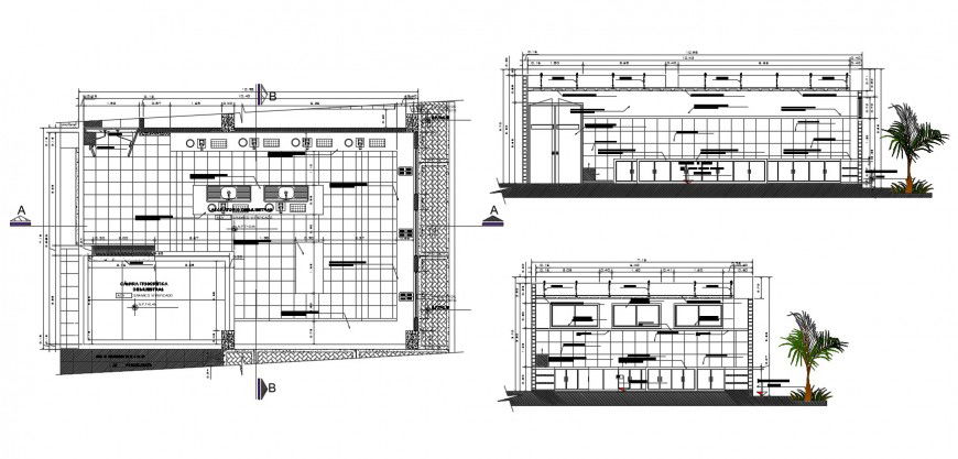 Office kitchen front and back section, plan and furniture drawing details dwg file