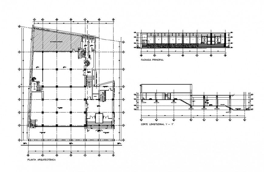 Office main and back section, plan and sanitary installation details dwg file