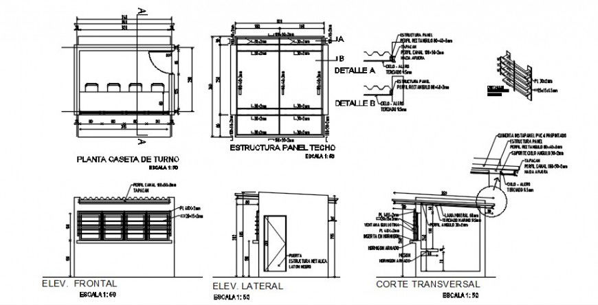 Office of auditorium hall elevation, constructive section and structure details dwg file