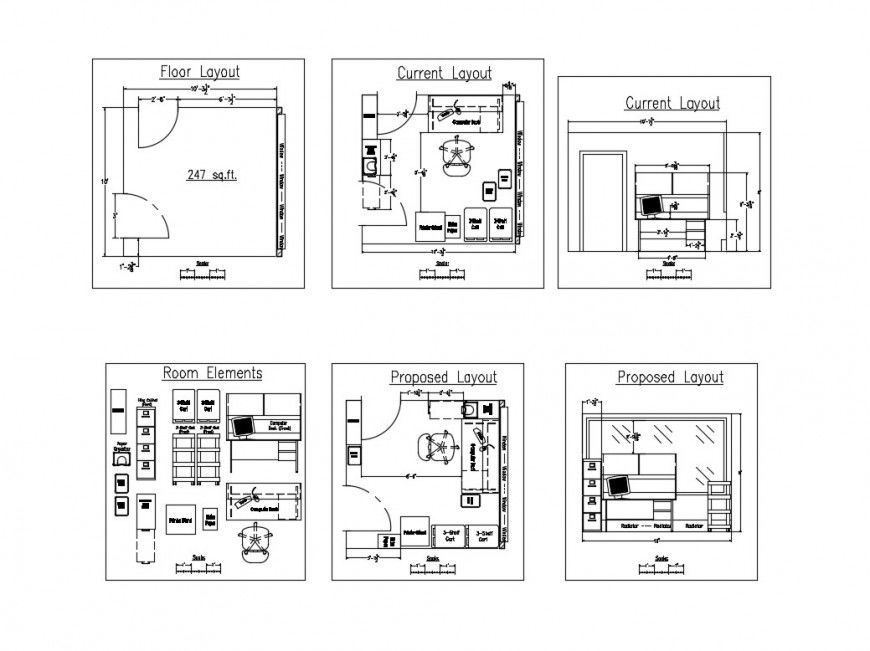 Office room with furniture details 2d view layout file in autocad format