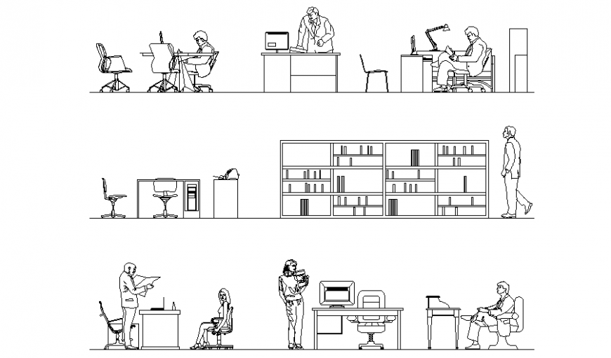 Office section, furniture, people blocks and interior details dwg file